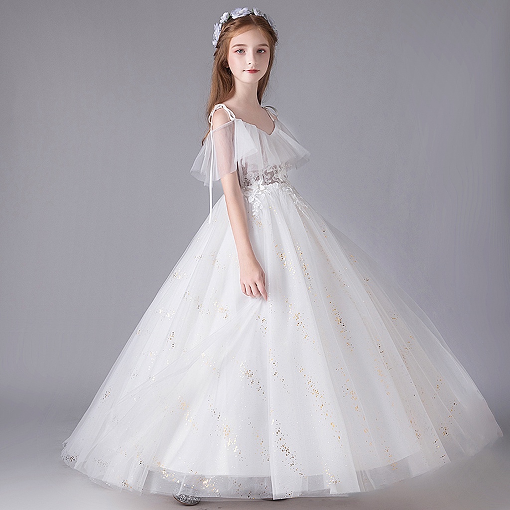 Đầm Dài Hai Dây Thêu Hoa Màu Trắng Dành Cho Bé Gái Dự Tiệc