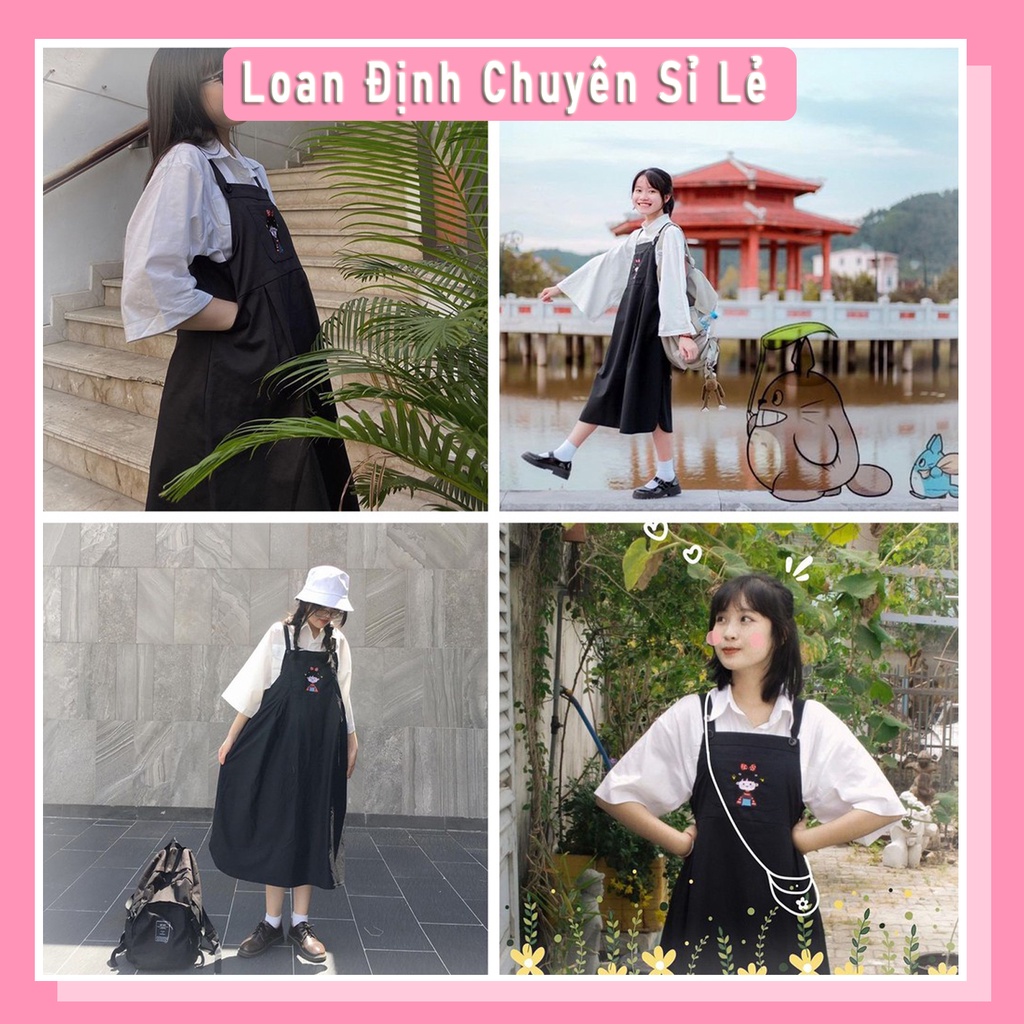 Váy Yếm Suông Thêu Hình Cô Bé Siêu Cute Đầm Yếm Nữ Dễ Thương LD019