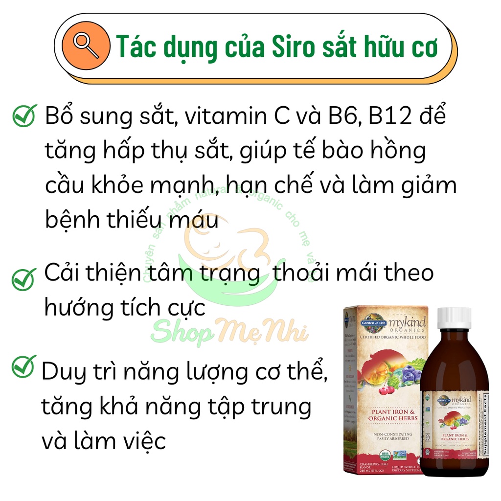 Siro sắt hữu cơ thuần chay từ thực vật garden of life mykind plant iron 240ml.