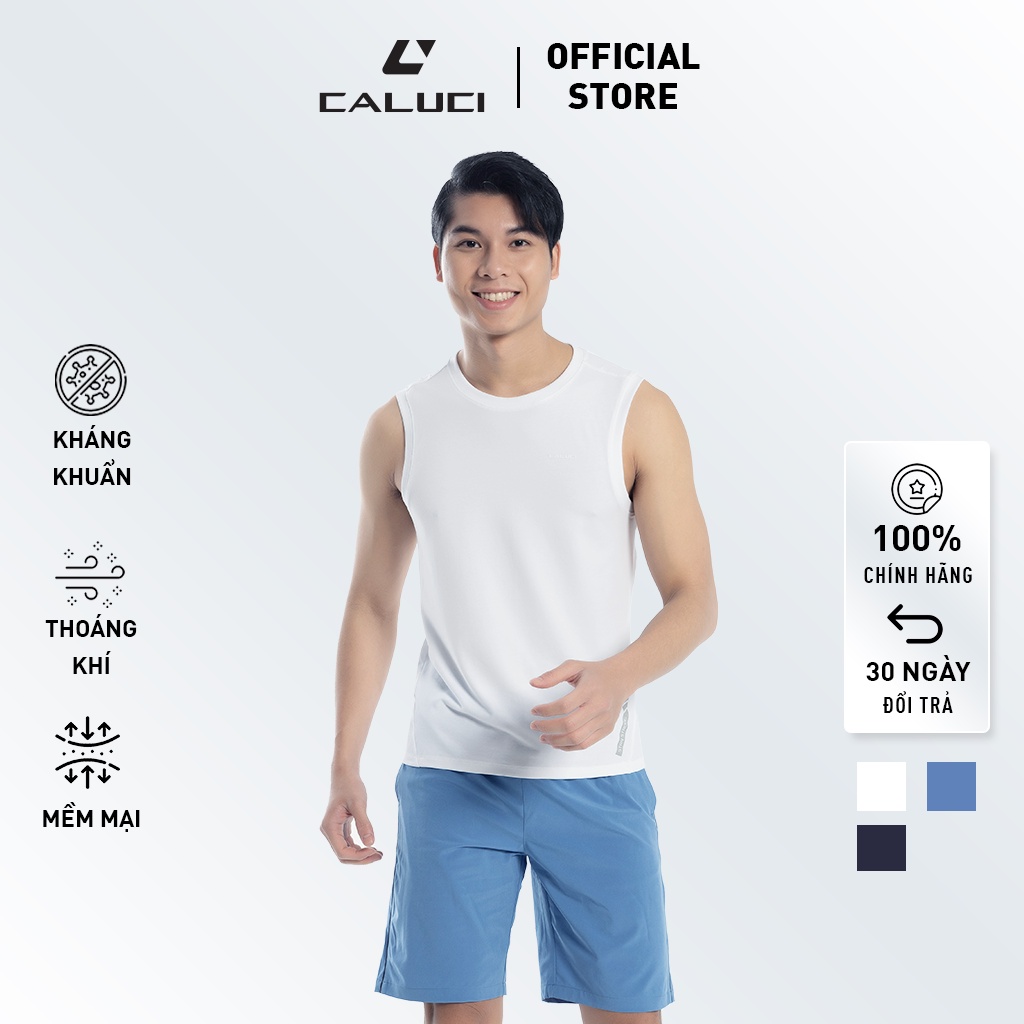 Áo sát nách nam CALUCI thiết kế cổ tròn, dáng ôm vừa, chữ in chạy dọc, chất liệu vải nhẹ mát, dệt lỗ thông hơi MTT202S