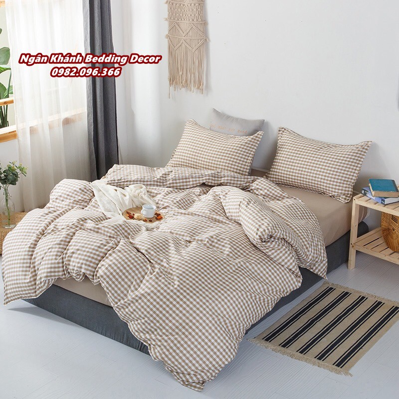 [RẺ VÔ ĐỊCH] Bộ chăn ga gối ga giường cotton poly Hàn Quốc mẫu caro be vintage - Ngân Khánh Bedding drap giường
