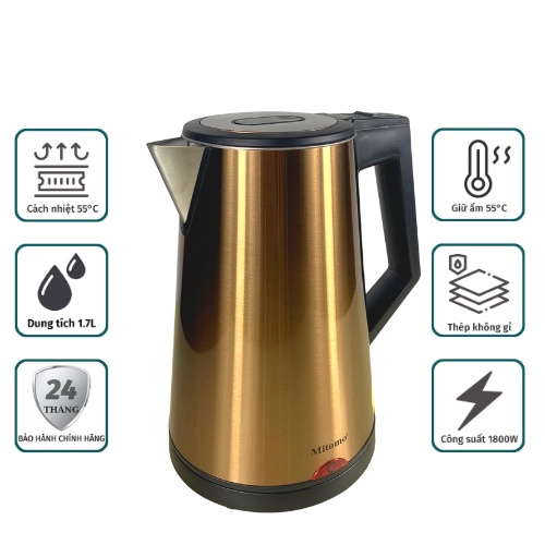 Ấm siêu tốc inox 3 lớp Mitomo ST-631 (1.7L), bình đun siêu tốc giữ nhiệt 55 độ - Hàng chính hãng bảo hành 24 tháng