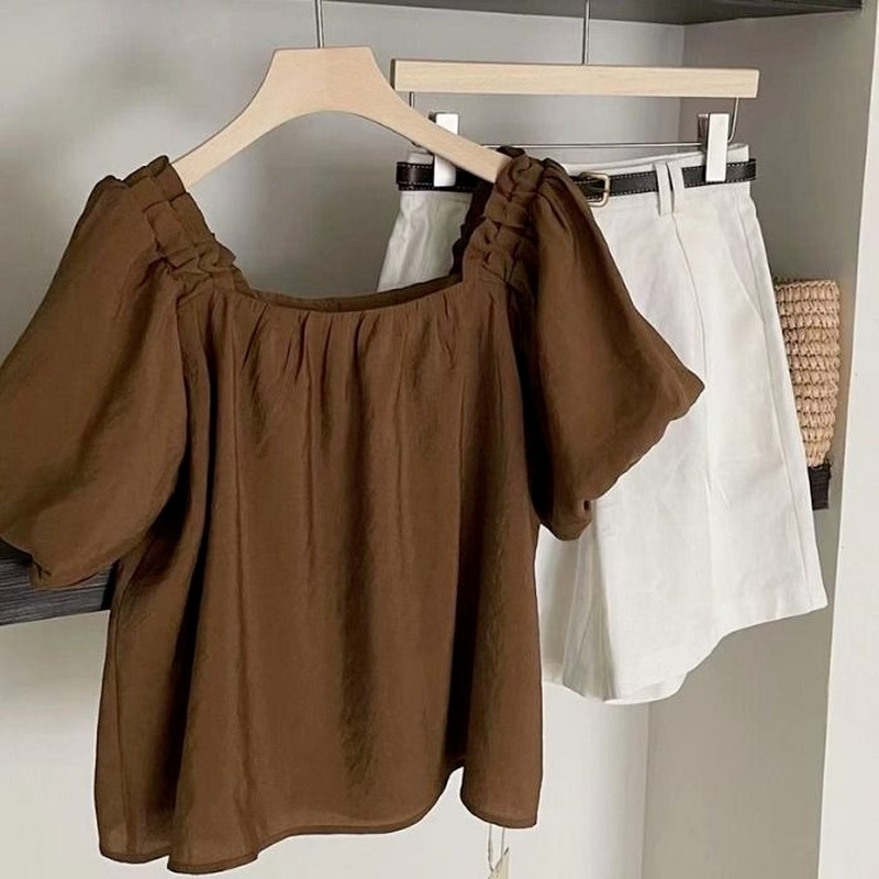 Áo Sơ Mi Tay Ngắn Cổ Vuông Màu Trơn Dáng Rộng Thời Trang Mùa Hè Cho Nữ