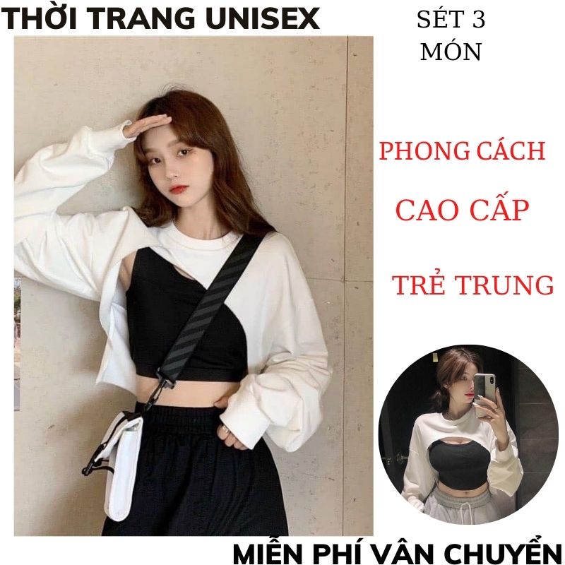 Set 3 món áo crt khoét ngực quần jogger rút gấu ulzzang/ Áo crt dài tay kèm áo 2 dây ôm body và quần ống rộng XƯỞNGMTC2