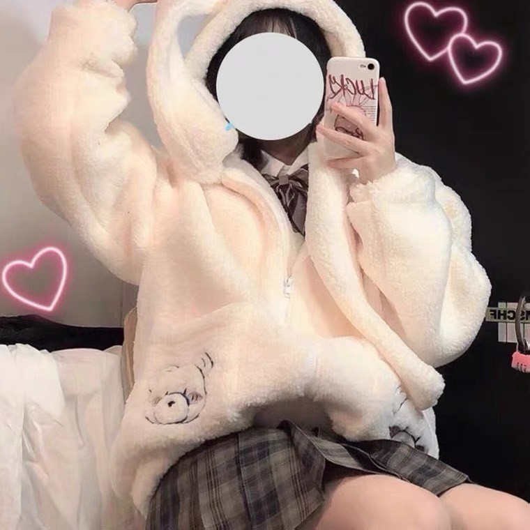 Áo khoác bông gấu lông cừu liền khăn dễ thương 💖🌺 Em Gấu Shop 🌺💖