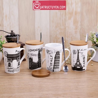 Cốc sứ 400ml kiểu bưu thiếp cốc mẫu simple thông điệp tiếng anh nắp gỗ, đé gỗ phong cách hiện đại