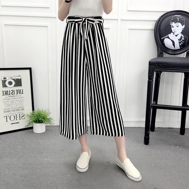 Quần Culottes nữ thắt nơ eo kẻ sọc chấm bi