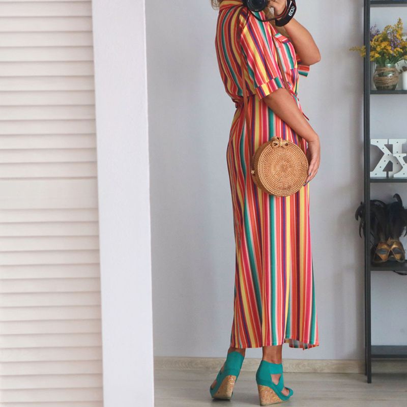 Xiangbao Đầm Maxi Tay Lửng Hở Lưng Cài Nút Phía Trước Cỡ Lớn Cho Nữ