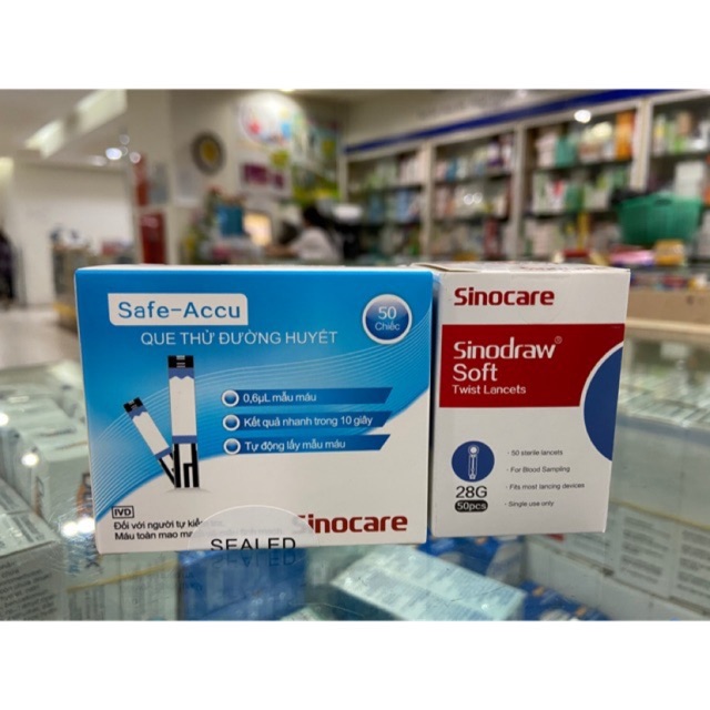 Que thử Đường huyết Safe - Accu SINOCARE (gồm 1 hộp que thử 50 que + 1 hộp kim 50 chiếc)