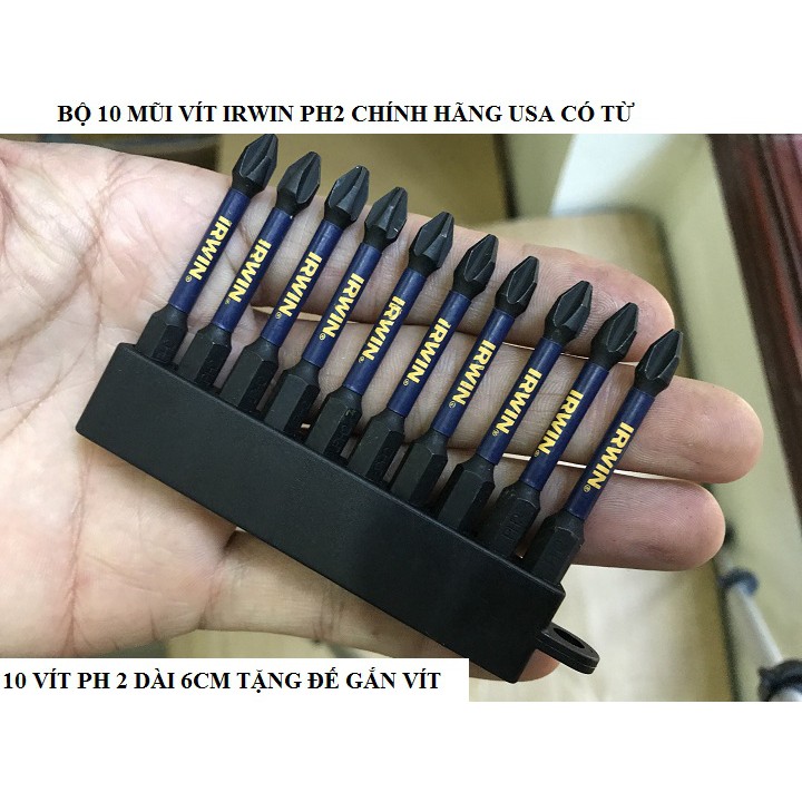 Bộ 10 Mũi Vít IRWIN Hàng Nhập Mỹ Ph2 - 6cm tặng đế gắn vít