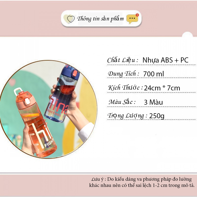 Bình đựng nước cute nhỏ ngọn dung tích 700ml phong cách thể thao năng động bình nước thể thao B23
