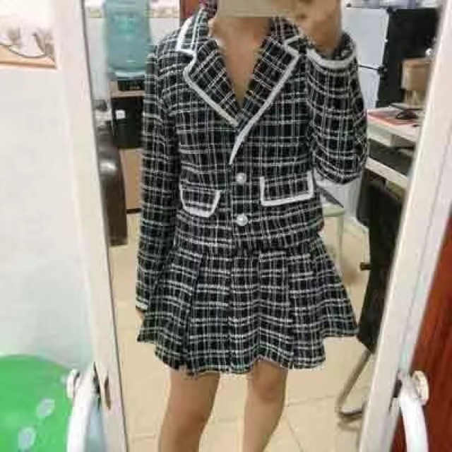 Set áo khoác dạ cổ vest vs chân váy dạ xoè dáng ngắn