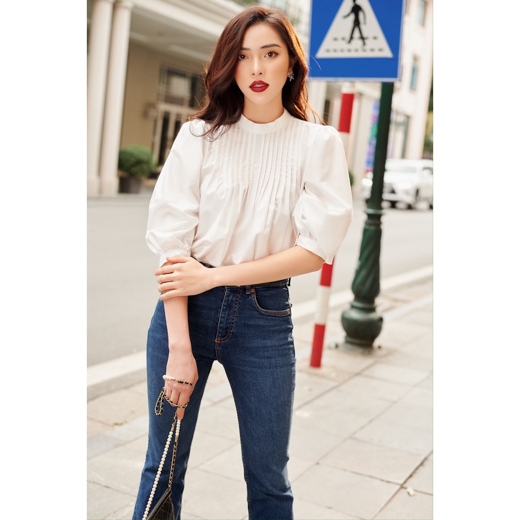 Áo sơ mi cotton lụa nữ HUONG BOUTIQUE HBSM726 mí gân cổ tròn