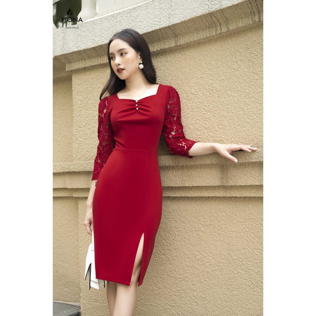 Đầm ren FIONA đính hạt, Váy body công sở chất liệu cotton F420901