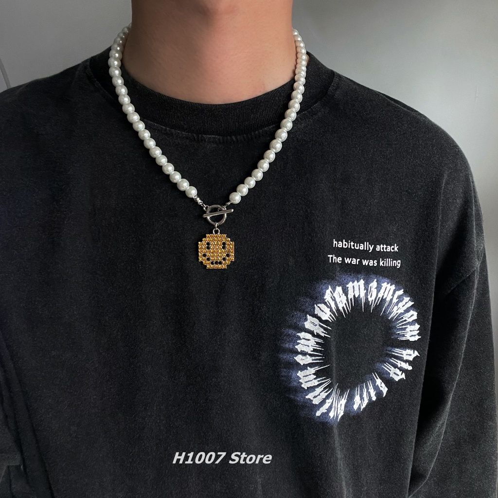 vòng cổ Mặt Hình Mặt Cười Đính Ngọc Trai Thời Trang Hip Hop Cho Cặp Đôi