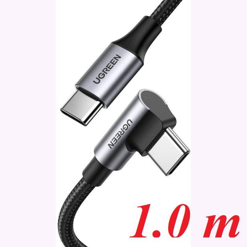 Ugreen 70643 1M 100W bẻ 90 độ cáp USB 2 đầu type C màu đen góc vuông bọc nhôm dây dù chống nhiễu US334