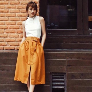 🍂Set đồ áo basic trắng mix chân váy màu vàng đồng
