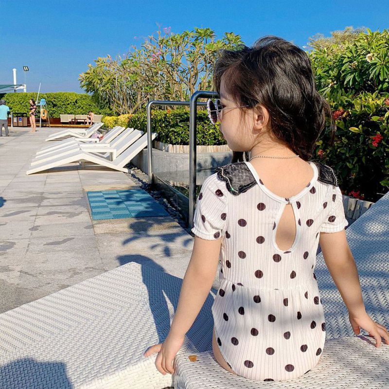 Bộ Đồ Bơi Cổ Búp Bê Phối Bèo Họa Tiết Chấm Bi Dễ Thương Cho Bé Gái