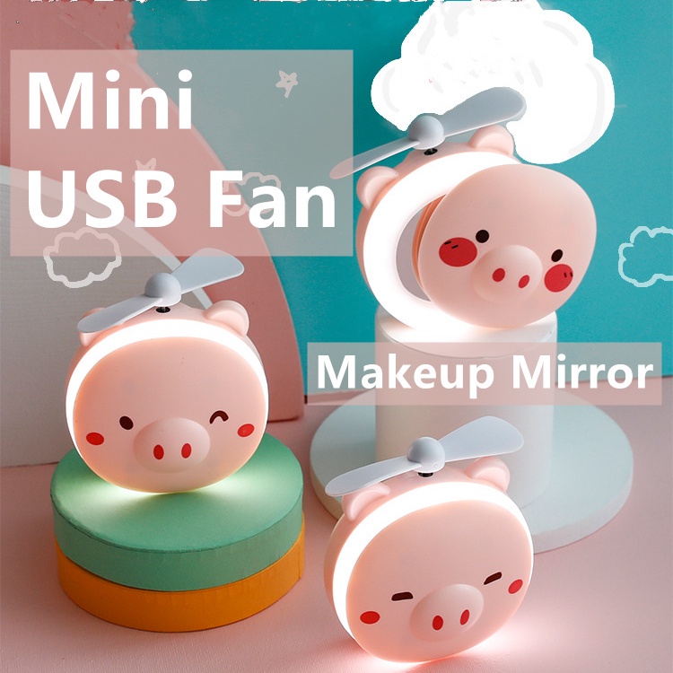 Quạt Mini Cầm Tay 3 Trong 1 Tích Hợp Gương Và Đèn LED Sạc USB Thiết Kế Hình Heo Dễ Thương