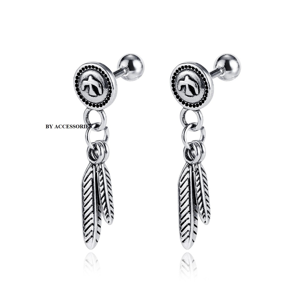 Khuyên tai titan unisex tròn phối 2 lông vũ nhỏ không gỉ