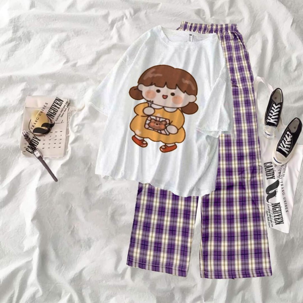 Set 2 món áo thun cô bé kèm quần kẻ ống rộng 95