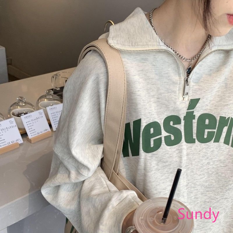 Áo Sơ Mi Tay Dài Dáng Rộng Màu Xám Nhạt Phối Khóa Kéo Thời Trang Xuân Thu Phong Cách Hàn Quốc Cho Nữ