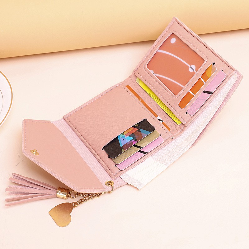 Bóp ví nữ 2021 Mini ngắn cầm tay mặt dây chuyền tua ngắn dễ thương