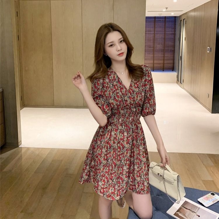 Đầm Cổ Chữ V Chiết Eo In Họa Tiết Hoa Phong Cách Retro Pháp Nữ Tính