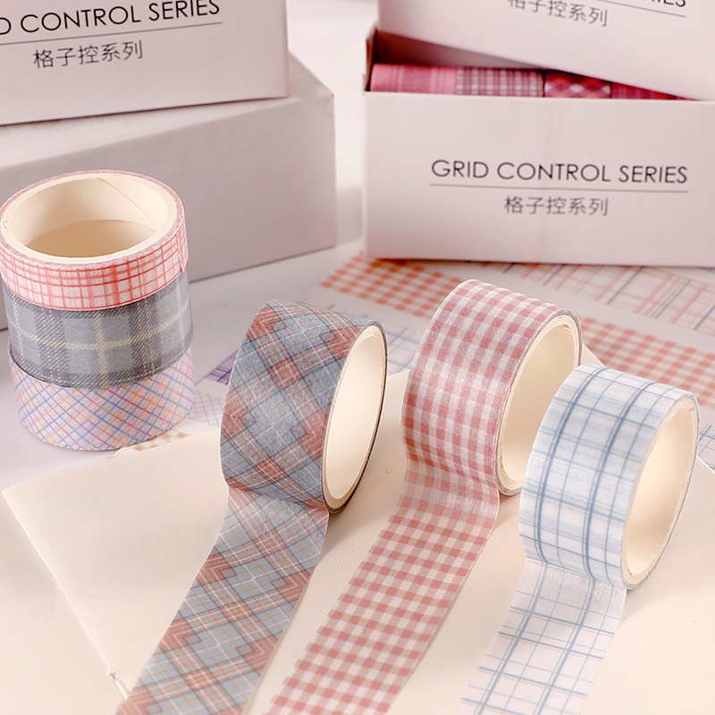 Set 6 cuộn washi tape caro nhiều màu, băng dính giấy vintage trang trí sổ cute