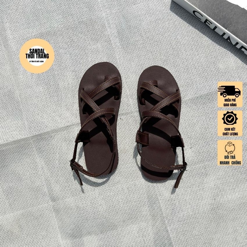 Giày sandal xỏ ngón quai chéo A101 nâu đen, đi học, đi chơi, Da Pu SANDALTHOITRANG