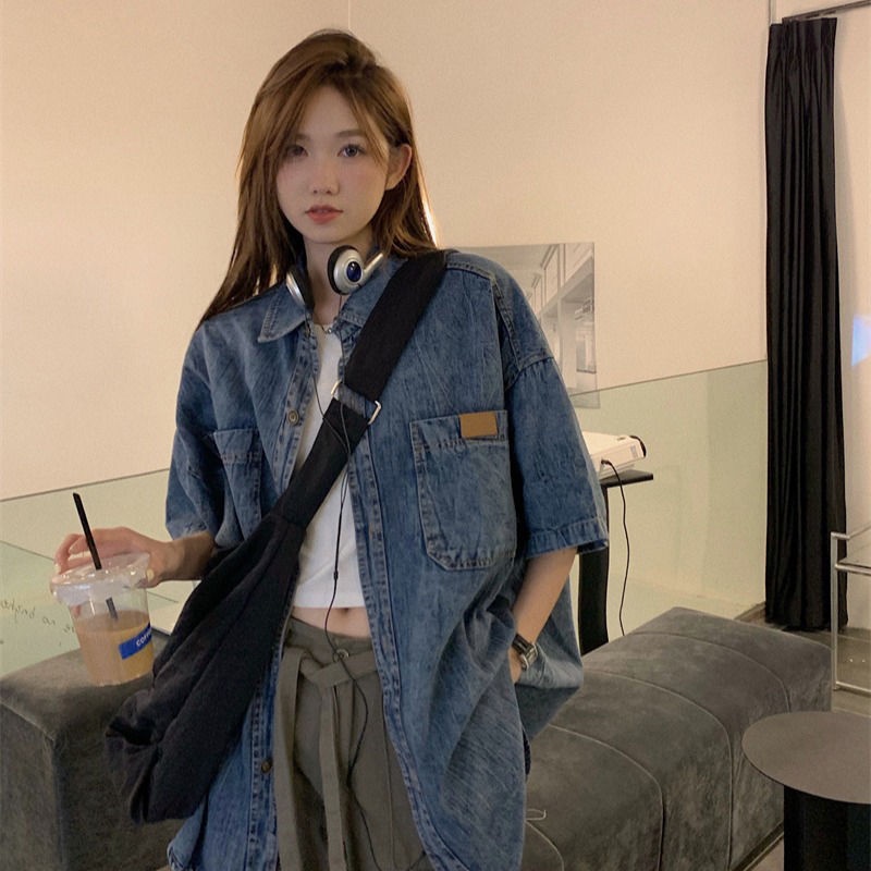 Áo Sơ Mi Denim Tay Ngắn Dáng Rộng Thời Trang Mùa Hè Dành Cho Nữ