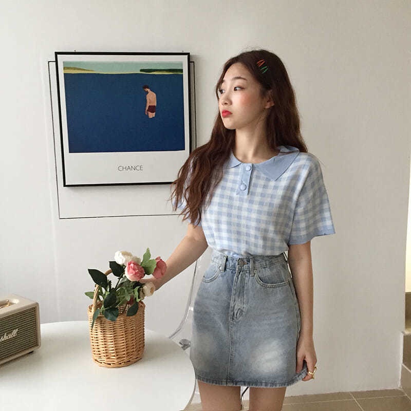 Áo polo COZOKC dệt kim tay ngắn dáng ôm kẻ sọc caro cá tính