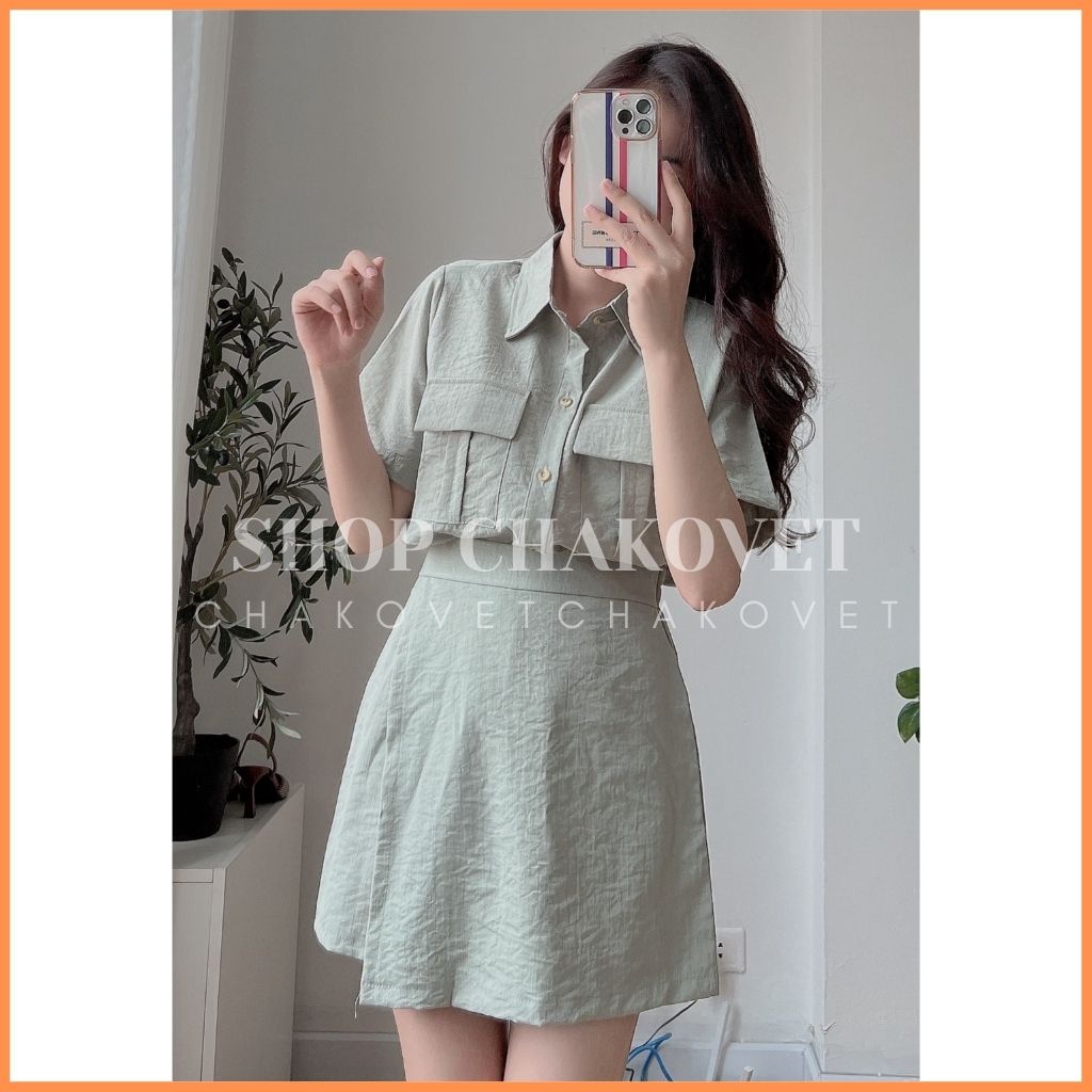 Set đồ nữ mùa hè đi biển S8288, bộ set sơ mi quần đùi giả váy áo cộc tay 2 túi sang chảnh cá tính freesize - CHAKOVET