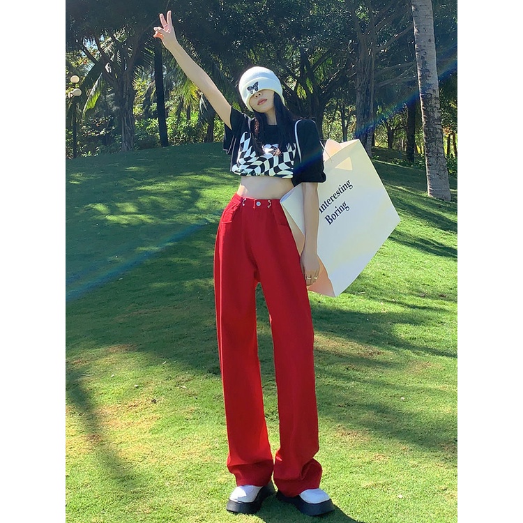 Quần jeans nữ IELGY lưng cao ống rộng phong cách đường phố