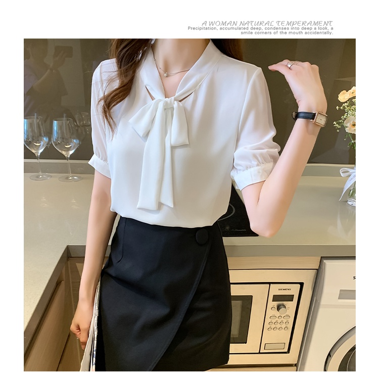 Áo sơ mi cổ thắt nơ màu trắng, hồng, tay phồng ngắn, thời trang công sở nữ Quyên fashion AA580