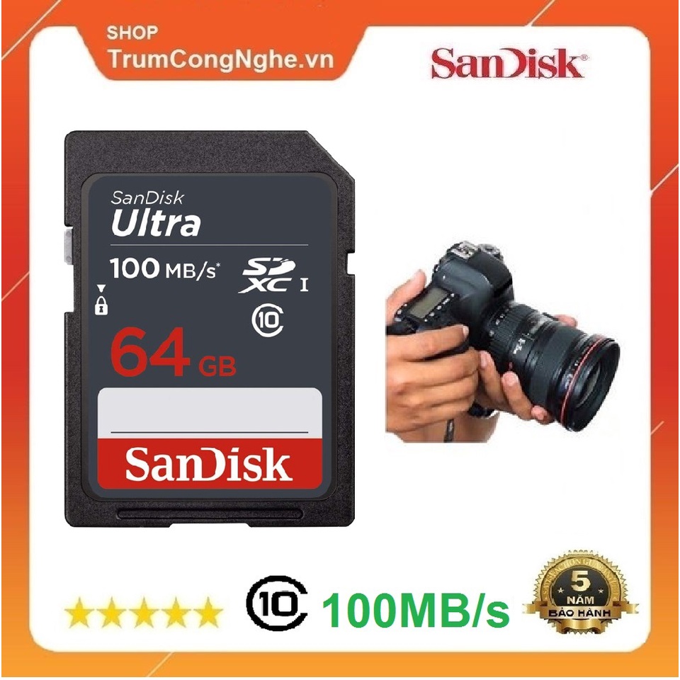 Thẻ nhớ Máy Ảnh SD 64GB Sandisk Ultra Class 10 UHS-I upto 100MB/s (Xám)