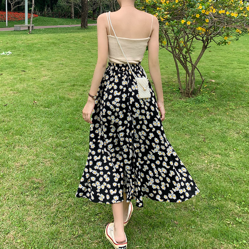 Chân váy midi nữ cạp cao retro 2021, Chân váy nữ dáng dài xòe màu qua gối màu đen phối hoa nhí thời trang hàn quốc | BigBuy360 - bigbuy360.vn