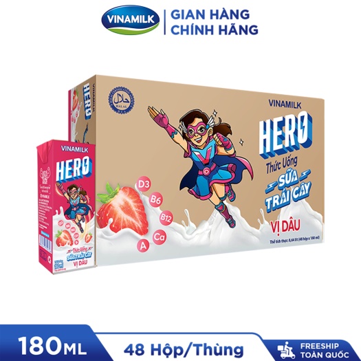 Thùng 48 Hộp Thức Uống Sữa Trái Cây Hero Vị Dâu 180ml