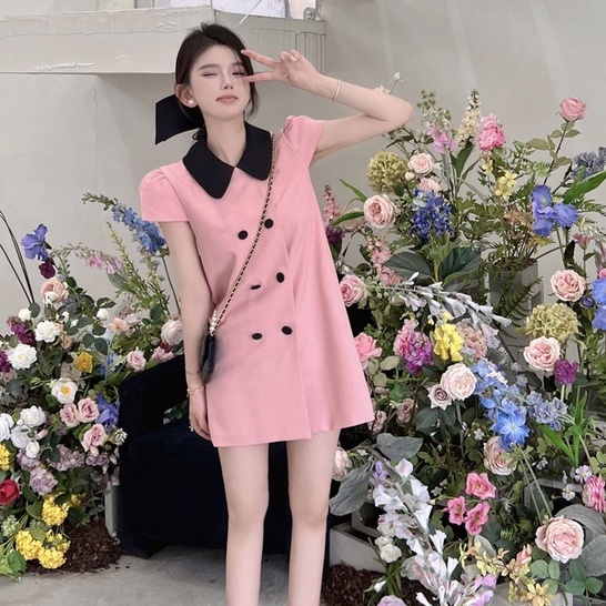 Đầm Nữ Ngắn Tay Ôm Dáng Hai Hàng Nút Cài Màu Sắc Tương Phản Phong Cách Pháp