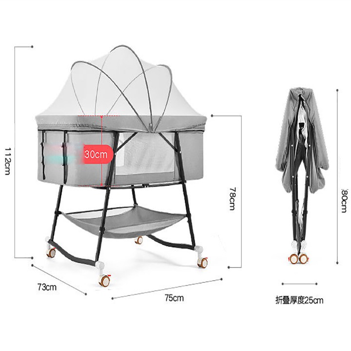 Nôi cũi cho bé sơ sinh, giường nôi cho bé có bánh xe di động kèm màn quây