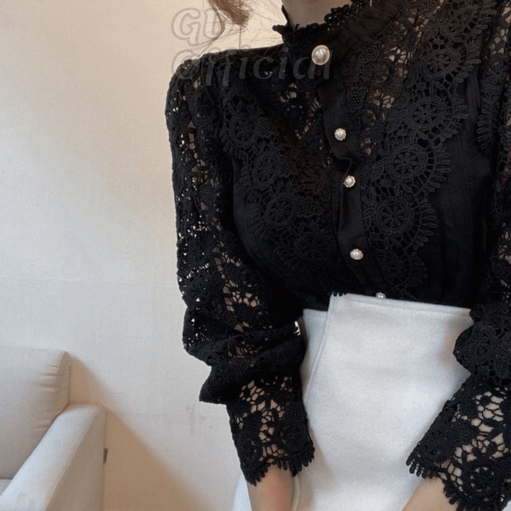 A11|Áo sơ mi sang trọng chất cotton phối ren tinh tế cho nữ khóa cài nút tinh tế dài tay màu trắng, be, đen GD Official
