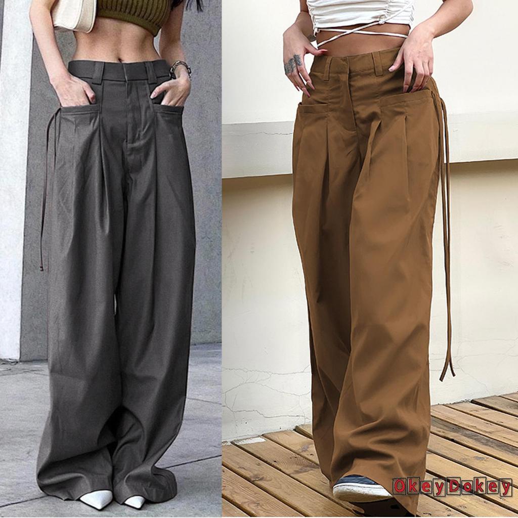 Quần ống rộng Màu Trơn Phối Túi Phong Cách Đường Phố Cá Tính Cho Nữ