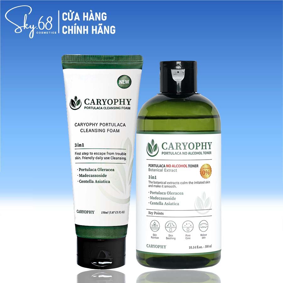 Combo cho da mụn chiết xuất từ rau má Caryophy Portulaca (Toner 300ml + Sữa rửa mặt 150ml)