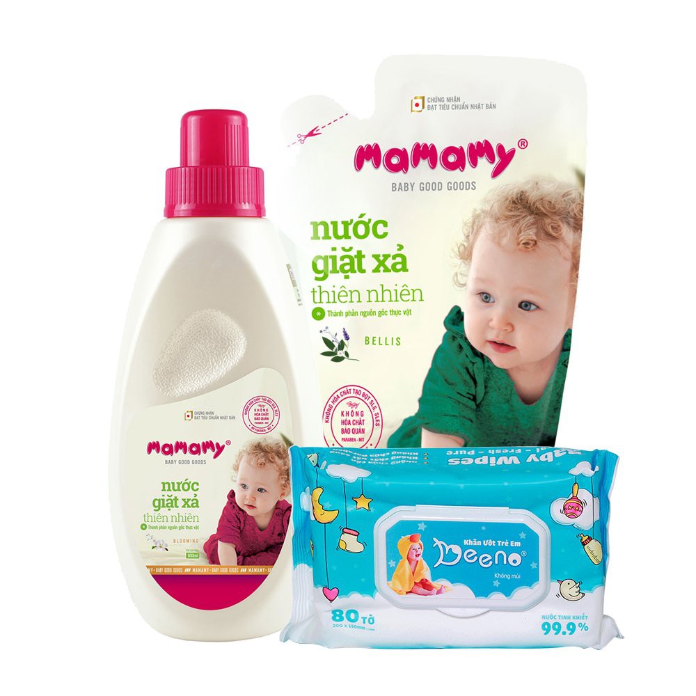 Combo nước giặt xả mamamy 800ml + kèm  túi bổ sung  + tặng 1 gói Beeno 80 tờ - FLASH SALE 99K