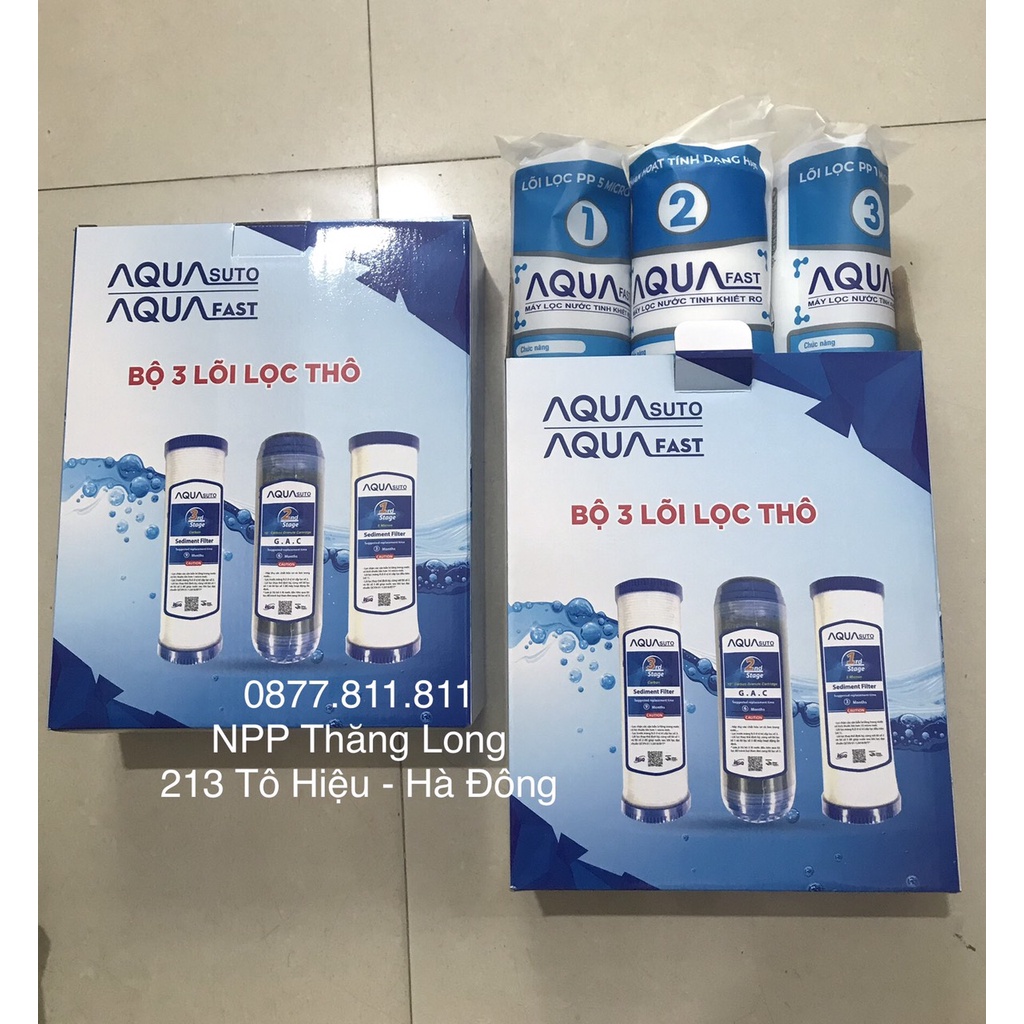 Bộ 3 lõi lọc nước AQUA số 1-2-3 Có vỏ hộp chính hãng - Dùng cho tất cả các máy lọc nước: Karofi,Kangaro,Sunhouse,Aqua