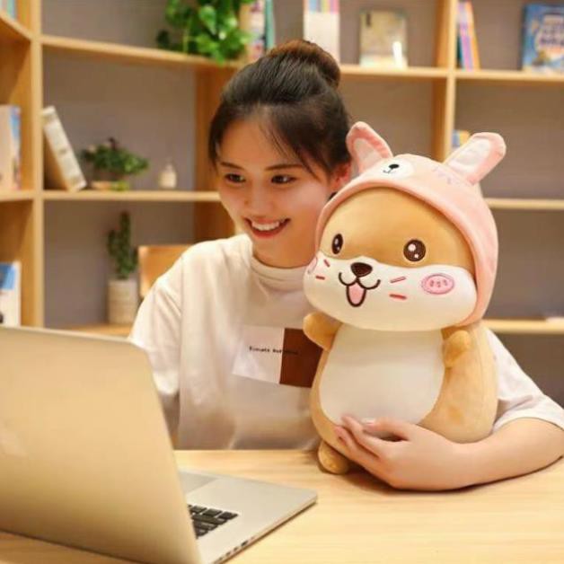 [FREESHIP - HÀNG LOẠI 1] Gấu bông gối ôm chuột hamster mũ hồng vải co dãn 4 chiều Hàn Quốc VNXK