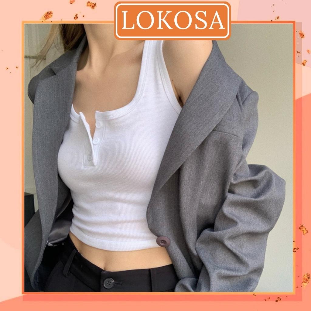 Áo Hai Dây Croptop LOKOSA Áo Crt Kiểu Ôm Body Cổ Vuông Sexy Hàn Quốc Hai Màu Trắng Đen AO034