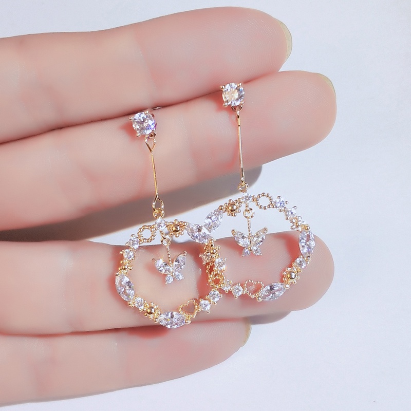 [Jiudolan] Khuyên Tai Dạng Kẹp Đính Đá Zircon Mặt Hình Bướm Thanh Lịch Tinh Tế Cho Nữ