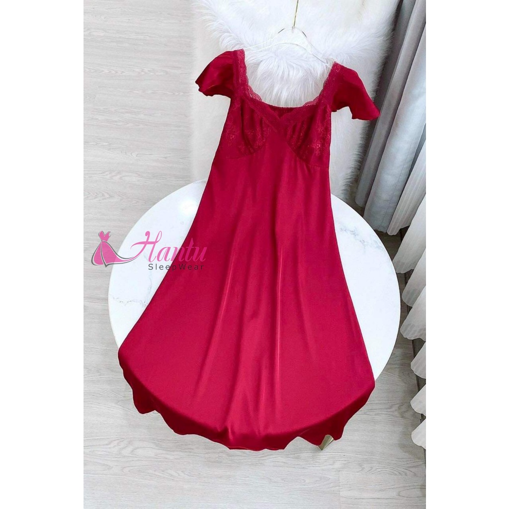Đầm ngủ lụa tiểu thư sang chảnh ,Váy ngủ lụa tiểu thư dáng dài qua gối phối ren Hantu Sleepwear đủ màu đủ size 40-100kg