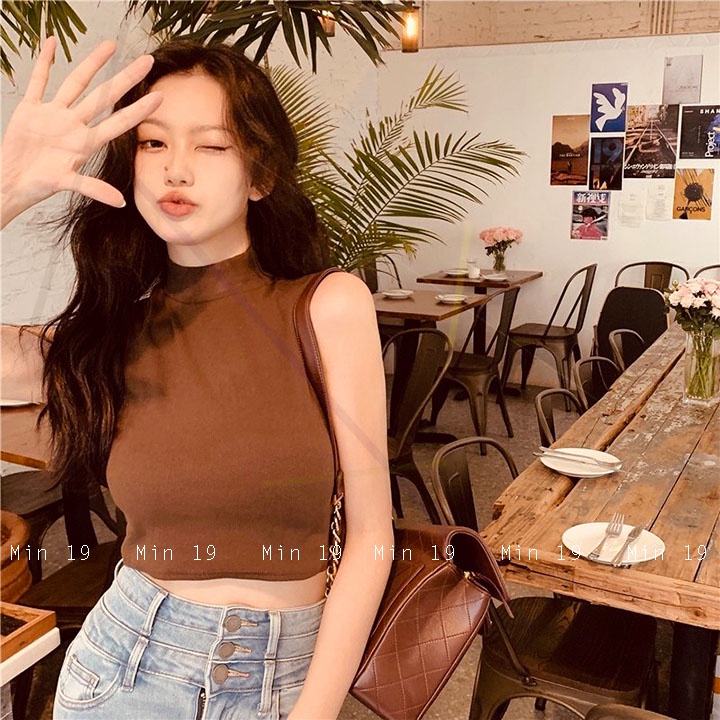 Áo sát nách nữ MIN19 áo ba lỗ croptop form rộng bigsize cổ cao dáng ôm body thể thao chất thun tăm màu trắng đen be nâu